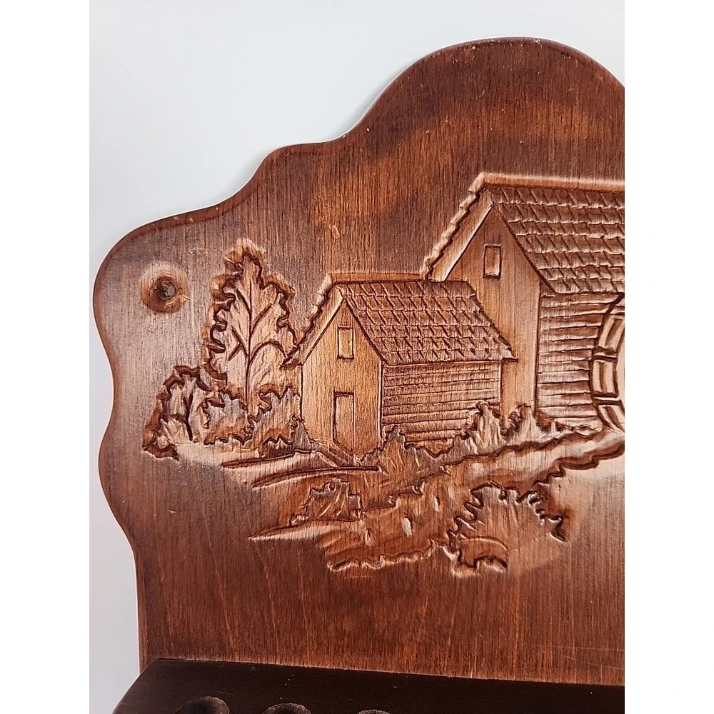 Vintage Carved Wood Water Mill Souvenir Spoon Rack Wall Display Holds 16